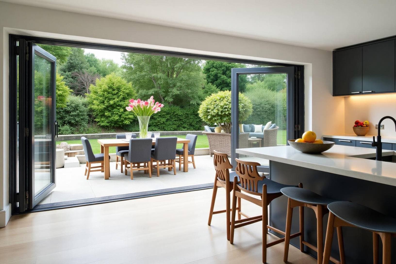 Kitchen with aluminium bifold doors open onto a garden patio