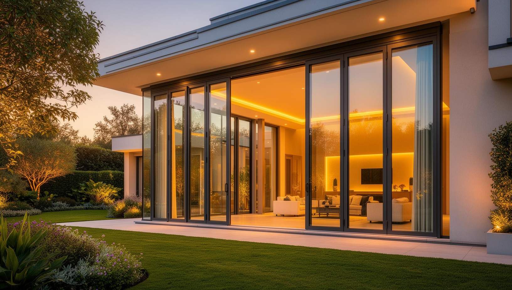 Modern house at dusk with floor-to-ceiling aluminium glazed doors lit from inside