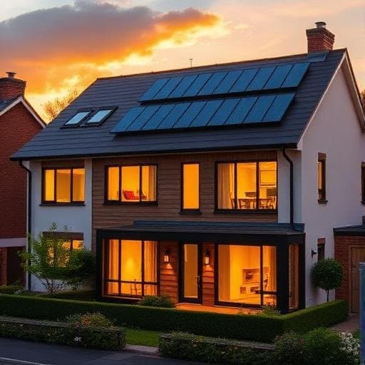 Family home at dusk with solar panels on the roof